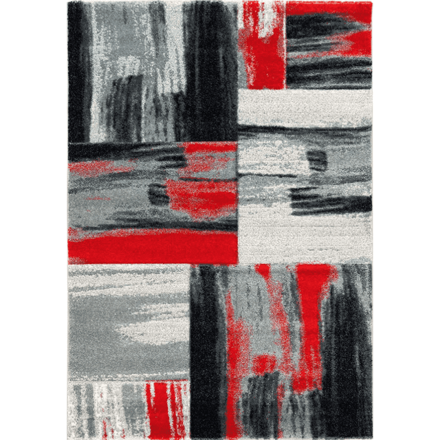 Ladole Rugs Moda Collection Soft Elegant Copper Abstract Made in Europe Area Rug Carpet in Red Black Grey, 3'9" x 5'2" (115cm x 160cm). This modern contemporary rug features a bold abstract design with blocks of red, black, grey, and ivory tones. Made from durable polypropylene fibers, it has a soft texture and a low 10 mm pile height. Suitable for living rooms, dining areas, bedrooms, or hallways, it is colorfast, mold and mildew resistant, and safe for floor heating.