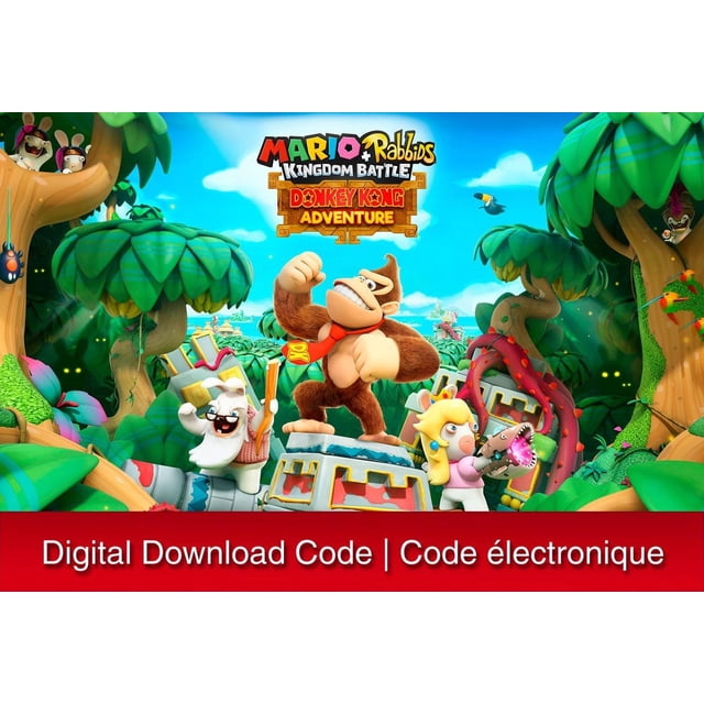 Switch Mario + Rabbids Kingdom Battle Donkey Kong Adventure digital download cover featuring Donkey Kong on a stone pedestal with Rabbid Peach holding a weapon and Rabbid Cranky nearby in a vibrant jungle with large green trees and tropical birds, representing new tactical gameplay and story expansion.