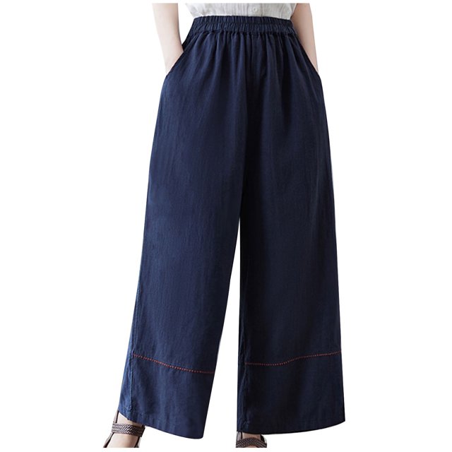 Birdeem Womens Spring Solid Color Elastic Waist Cotton Linen Versatile Straight Tube Casual Wide Leg Pants