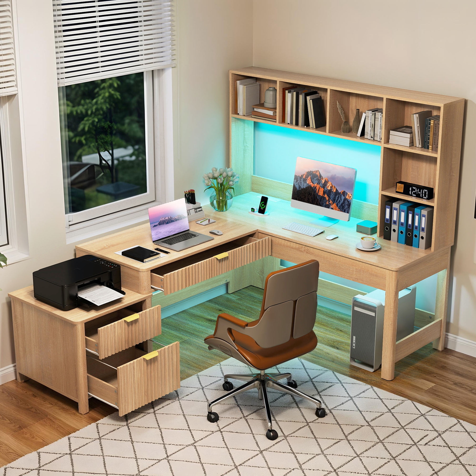 DEXTRUS L Shape Desk with LED Light & Hutch,  Home Office Computer  Desk Executive Desk with Drawers