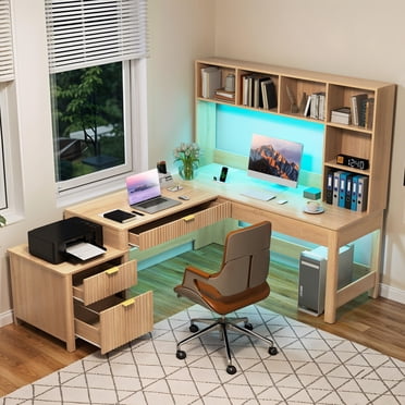 DEXTRUS 67“ L-Shaped Computer Desk with Hutch & LED Light & Charging Station, Home Office Desk Executive Desk with Drawers & File Cabinet, Brown