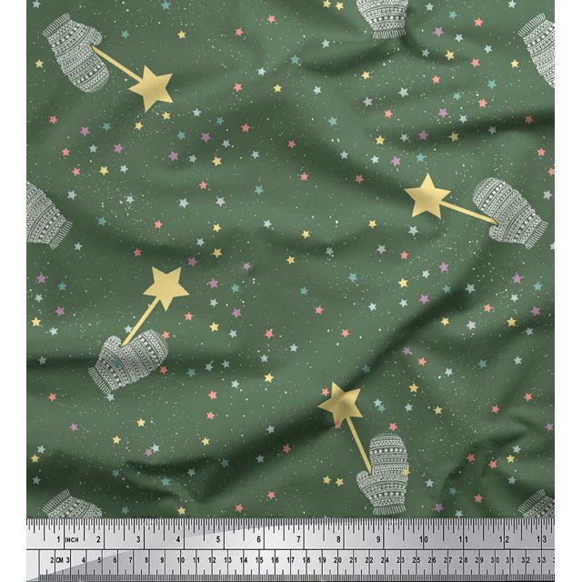 Soimoi Green Velvet Fabric Musical Symbol & Star Print Sewing Fabric Yard 58 Inch Wide