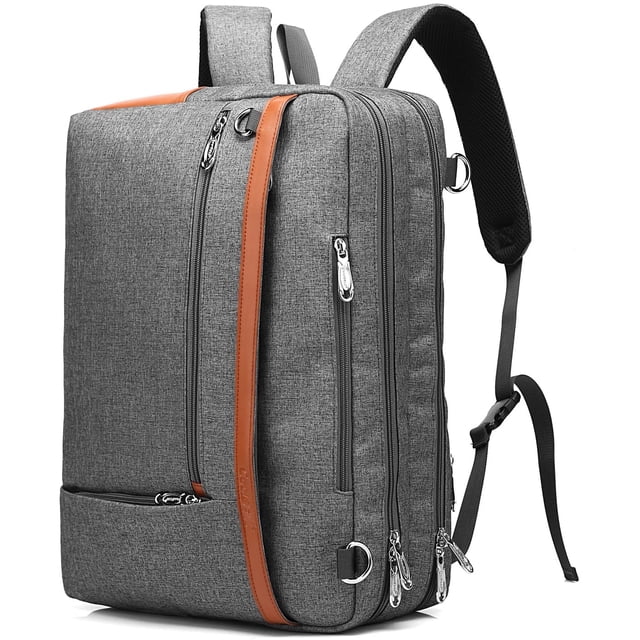CoolBELL Convertible Backpack Shoulder Bag Messenger Bag Laptop Case in New Grey. Multi-functional travel rucksack with dimensions 16.5 x 4.1 x 12.5 inches, designed to fit laptops up to 15.6 inches. Features include three carrying styles: backpack, shoulder bag, and messenger bag, with hidden straps for versatility. Made from durable canvas Oxford nylon cloth with a waterproof polyester lining and real leather accents. Includes two main compartments for laptops or tablets, accessory compartments for items like power cords and phones, and three front zippered pockets for easy organization. Suitable for business, travel, or college use.