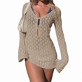 thumbnail image 3 of Paréo de Maillot de Bain pour Femme à Manches Longues, Crochet, Robe Courte de Plage, Kaki, G, 3 of 7