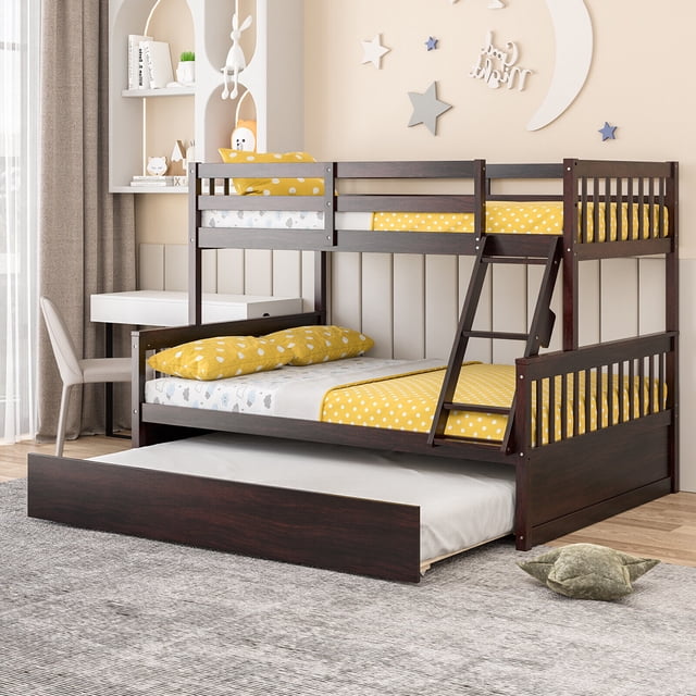 Gymax Lit Superposé Simple sur Double avec Lit Plateforme Convertible à Tiroir-Lit Simple, Fini espresso. Ce Mobilier pour Enfants Gain de Place Présente un Cadre Robuste en Bois de Pin avec des Lattes en Bois Massif pour la Durabilité. Il Comprend un Lit Gigogne Coulissant avec des Roulettes à Roulement Fluide, Parfait pour les Invités Ou un Espace de Sommeil Supplémentaire. la Conception Intègre une Échelle Intégrée et des Garde-Corps de 12 Pouces pour la Sécurité. le Lit Superposé Peut Être Converti en Deux Lits Indépendants, un Lit Simple et un Lit Double, Offrant une Polyvalence pour les Enfants