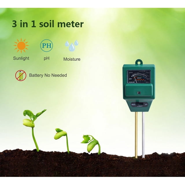 Vaidha pH-Mètre 3-en-1 Testeur d'Humidité/lumière/pH Ensembles d'Outils de Jardinage Présentés dans un Jardin. le Compteur de Sol Vert Comprend Deux Sondes et un Cadran pour Mesurer l'Humidité du Sol (Plage de 1 à 10), les Niveaux de pH (3,5-8) et l'Exposition au Soleil (Lumière relative de 0 à 2000). Conçu pour l'Essai du Sol dans les Jardins, les Fermes et les Plantes d'Intérieur, avec Fonctionnement Sans Pile.