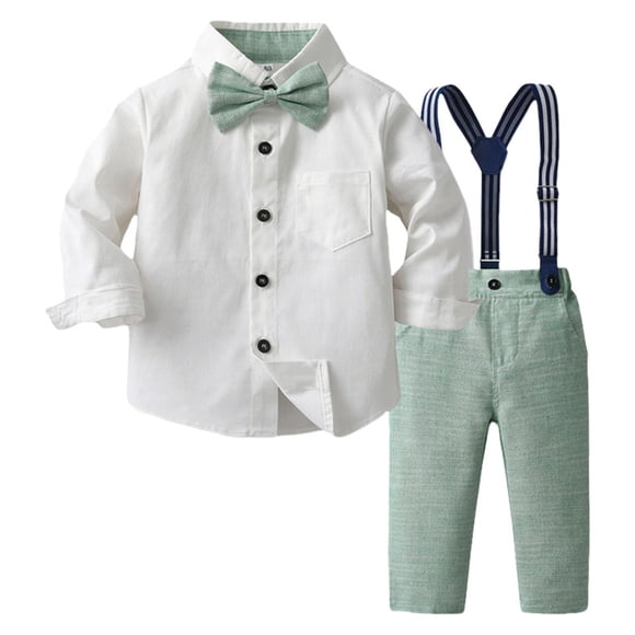 Splozh Infant Baby Boys Girls Christmas Set Baby Boys Cotton Linen Formal Suspenders Outfits with Bowtie Toddler Long Sleeve Gentleman Wedding Dress Clothes Green,6-12 Months