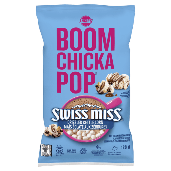 Angie's BOOMCHICKAPOP, Swiss Miss Drizzled Kettle Corn, Hot Cocoa Marshmallow Flavoured, Certified Gluten-Free, Non-GMO, No Artificial Colours, 128g, a seasonal whole grain popcorn, Kosher snack