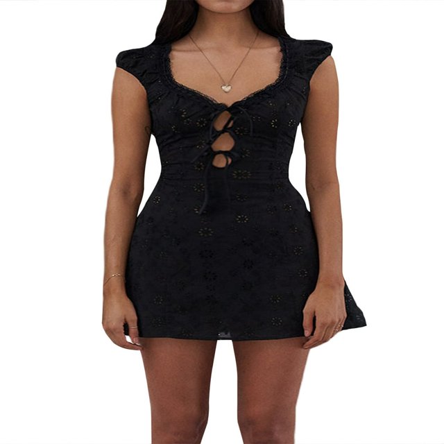 Robe Miini en Dentelle Sans Manches pour Femmes Élégante Bretelles Spaghetti Robe en Dentelle Florale Transparente Robe Courte de Soirée Club