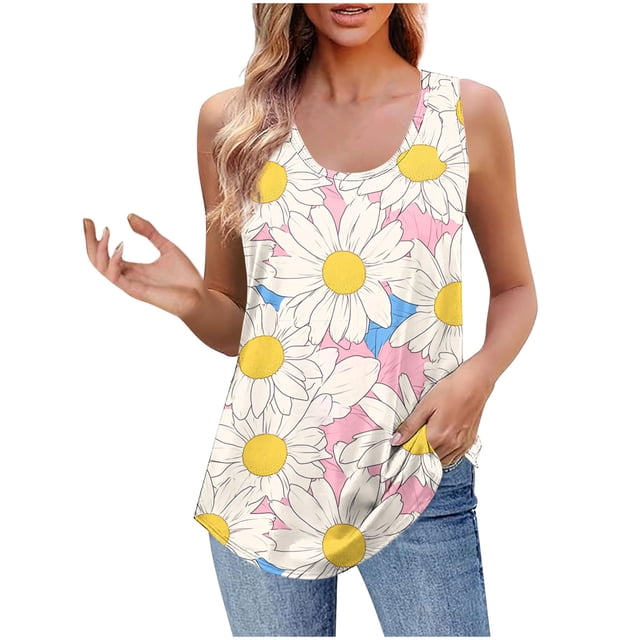UPPADA Camisoles Mignonnes pour Femmes Tendance Col Rond à Fleurs Hauts d'Été Sans Manches Blouses Chic Décontracté Débardeurs Graphiques Jaune,m