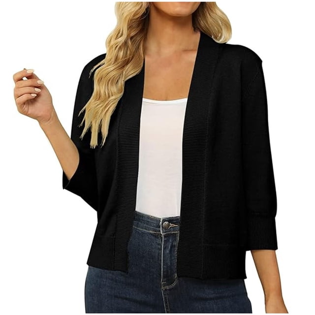 Penkiiy Cardigan Court à Manches 3/4 pour Femme, Ouvert à l'Avant, Boléros Courts, Cardigans, Chandails Légers, S Noir