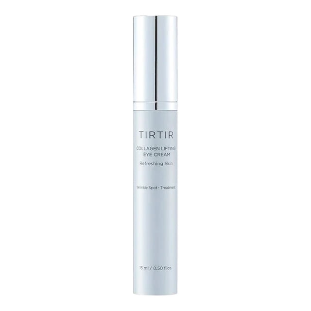 TIRTIR Collagen Lifting Eye Cream 15ml in a sleek, silver cylindrical bottle with a rollerball applicator. This eye moisturizer is enriched with vegan collagen, niacinamide, peptides, and vitamin C to nourish, firm, and brighten the delicate eye area while reducing dark circles and improving skin elasticity.
