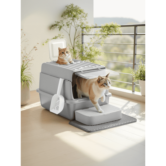 LEDREM Stainless Steel Cat Litter Box with Flip Lid and Litter Catcher, 2-Door Enclosed Litter Box for Cats up to 33 lb, Light Grey