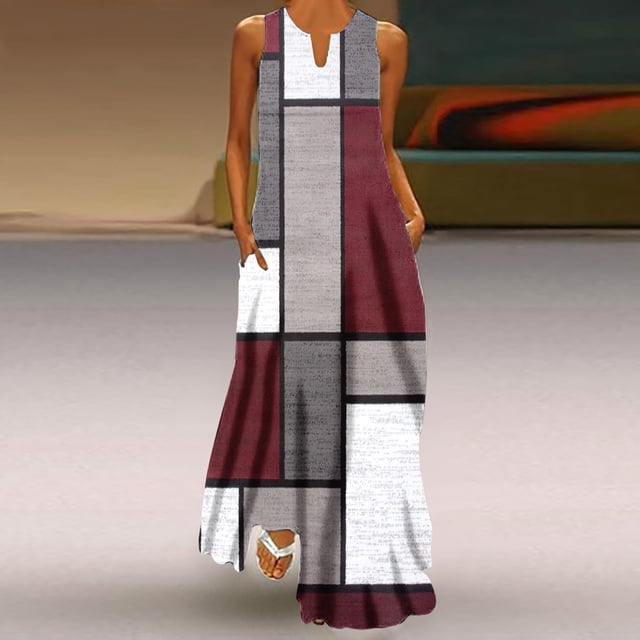 EGNMCR Robes de Fête pour Femmes Femmes Décontractées Amples Imprimées Robe Débardeur Plage Col en V avec Poche Robe d'Été Sans Manches Robes