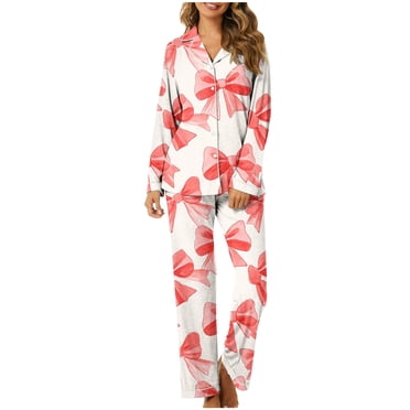 Amzcrzy Ensembles de Pyjama pour Femmes 2 Pcs Hauts à Manches Longues à Col à Revers et Pantalons Ensemble de Détente Mode Imprimé Nœud Valentines Day Pajamas Décontracté Chemise de Nuit Boutonnée