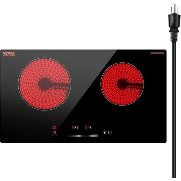 VEVOR Electric Cooktop, 24 inch 2 Burners Built-in Electric Stove Top, 1800W Ceramic Top Radiant Cooktop with Glass Panel, Touch Control, Timer, Child Lock, 9 Heat Level, Residual Heat Indicator, 120V