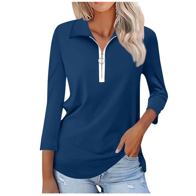 MeetoTime Chemises à Fermeture Éclair 1/4 pour Femmes Blouses Décontractées à Col Manches 3/4 Tuniques Tops Chandail