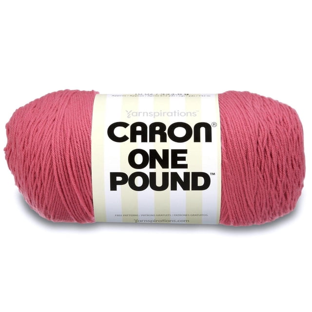 Caron® One Pound™ Yarn, acrylic #4 medium weight, 16oz/454g and 812 yards, shown as a pink skein with a white label featuring bold black text, ideal for knitting and crochet projects including garments, accessories, and home decor.