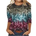 thumbnail image 1 of Penkiiy T-shirt Blouse à Paillettes Mardi Gras pour Femmes, Col Rond, Manches 3/4, Multicolore, 1 of 5