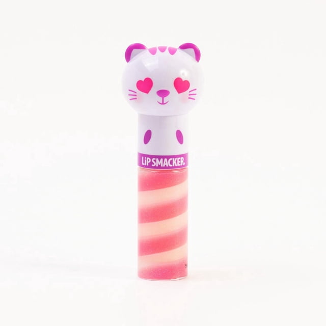 Lipsmacker Lippy Pal Swirl Lip Gloss - Kitten with a clear tube containing pink and cream swirl lip gloss, topped by a white kitten-shaped cap with pink ears and heart-shaped eyes, branded with Lip Smacker, providing moisturizing and soft shine lip care, also suitable as a collectible lip gloss.
