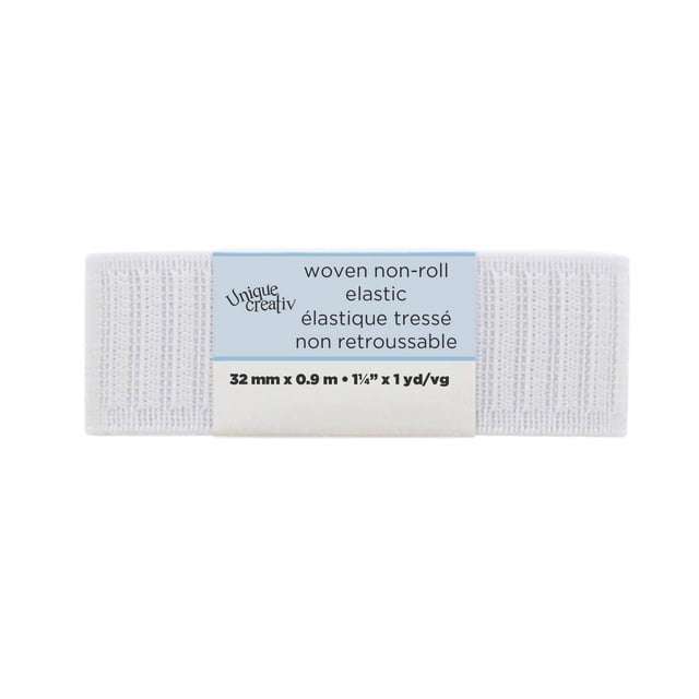 Unique Creativ woven non-roll white elastic, 32 mm wide and 0.9 m long, with a textured woven pattern and label, designed for sewing waistbands and other notions, suitable for crafting and garment making.