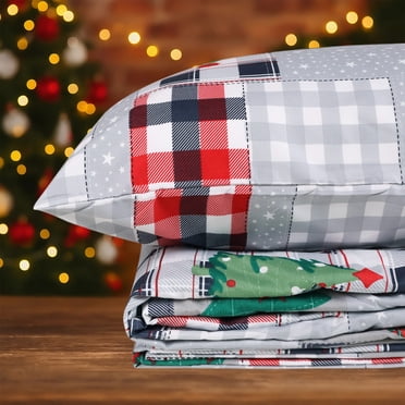 Hitime King Size 4-Piece Christmas Sheet Set - Ultra Soft & Breathable Polyester Bed Sheets, All Season Cooling Bedding with Deep Pockets, Wrinkle & Fade Resistant (Christmas Gray Splicing)