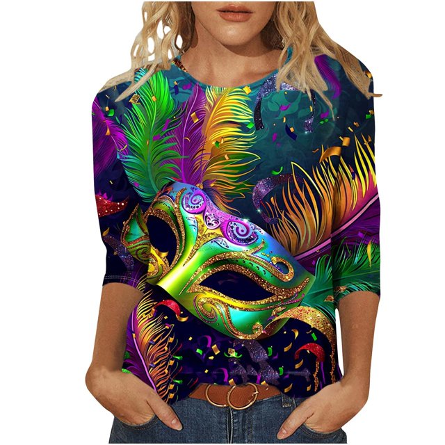 Penkiiy Blouse Carnaval pour Femmes Mardi Gras Mode Imprimée Décontractée Col Rond Manches 3/4 T-shirt Blouse 2TG Multicolore
