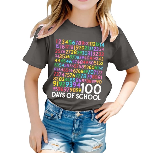 PMVFHDE T-Shirts Fille T-Shirt Décontracté Imprimé à Col Rond à Manches Courtes T-Shirt Chemise Décontractée Gris, 8-9 Ans