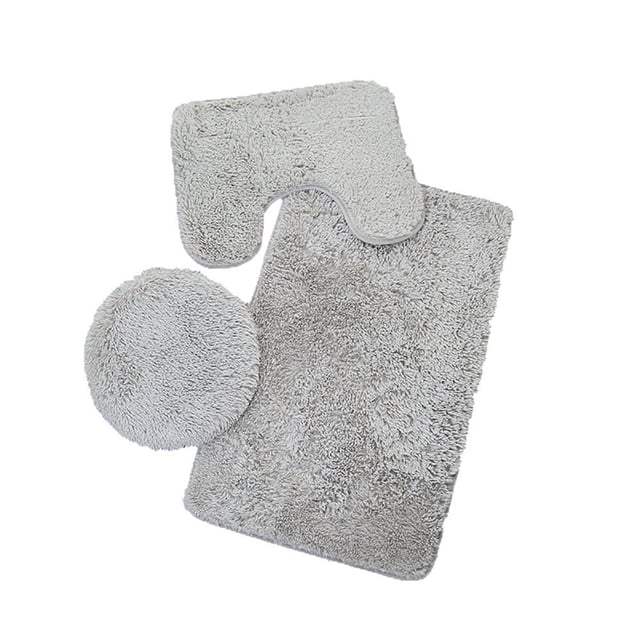 3 Pieces Shaggy Bath Mat Set in grey, designed for bathroom use. Includes a soft absorbent plush microfiber rectangular bath rug (50cm x 80cm), U-shaped toilet contour mat (40cm x 50cm), and round toilet lid cover mat (37cm x 41cm). Features non-slip backing, tie-dye plush texture, and water-repellent material.