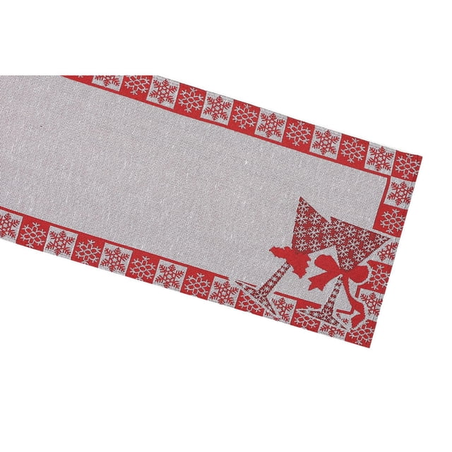 Tapestry Table Runner (Square End) (Snowflake Border) made of multicolour tapestry fabric featuring a red and white snowflake border and a corner motif of two wine glasses tied with a bow, measuring 13 by 72 inches, ideal for dining table protection and festive decoration, suitable for pairing with Christmas-themed accessories.