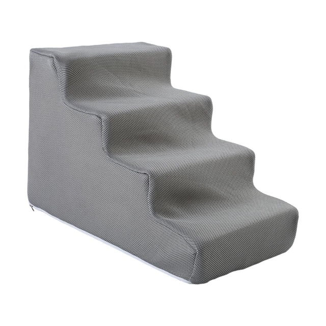 Dog Stairs Pet Steps Ramp Puppy Stairs Convenient Cat Stairs Dog Steps Removable 4 Steps Grey. These pet stairs feature a practical design for easy climbing, ideal for young puppies and short-legged dogs. Made of high-density sponge with a durable, scratch-resistant grey fabric cover. The anti-slip bottom ensures stability during use. The removable, machine-washable cover includes a zipper for easy cleaning. Dimensions for the 4-step model are 37cm x 55cm x 40cm (14.57in x 21.65in x 15.75in). Suitable for indoor use to help pets access sofas or beds.