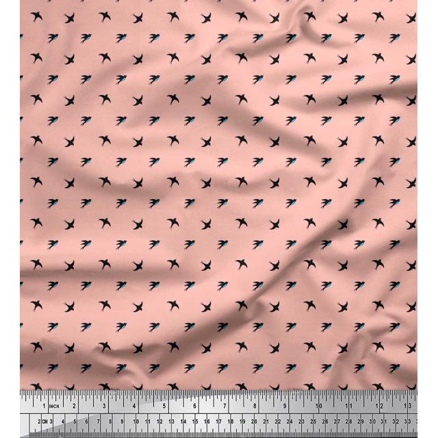 Soimoi Modal Satin Fabric Swallow Bird Small Print Fabric by Yard 42 Inch Wide