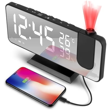 Réveil Numérique à DEL avec Projection à 180 °, Radio-Réveil avec Connexion Usb, Grand Écran à DEL, Double Alarme avec Répétition, 4 Niveaux de Luminosité de Projection avec Gradateur Automatique