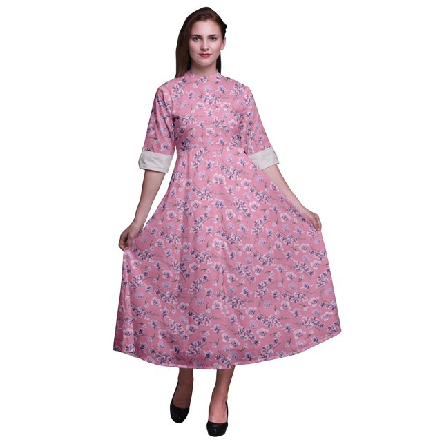 Bimba Robe Chemise Décontractée à Imprimé Floral pour Femme, Robe Évasée Mi-Mollet de Fête - X-Grand
