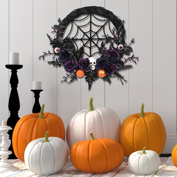 Chmadoxn Halloween Decorations, Halloween Ornaments, Halloween Gifts Halloween Ghost Festival Purple Simulation Skull Pumpkin Horror Scene Decoration Wreath Pla stic Hall oween deco ration wreath