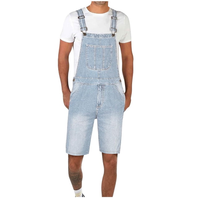 JIUKE Jumpsuits for Men Casual Summer Washed Suspender Short Rompers featuring a light blue denim design with straight-leg shorts and adjustable shoulder straps. The front includes a large chest pocket and side pockets for functionality. Styled with a white t-shirt, this one-piece outfit is ideal for casual summer wear.