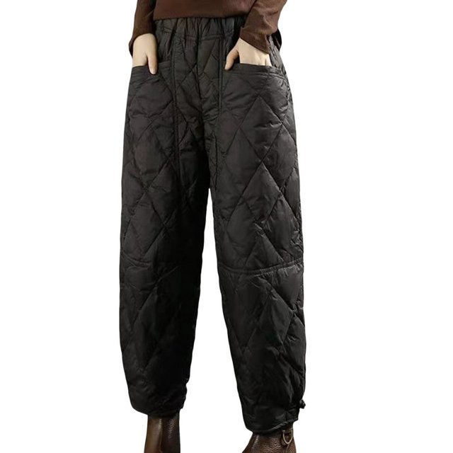 Womens Retro Literary Solid Color Down Pants With Checkered Line And Disc Buckle Windproof Warm Casual Pants