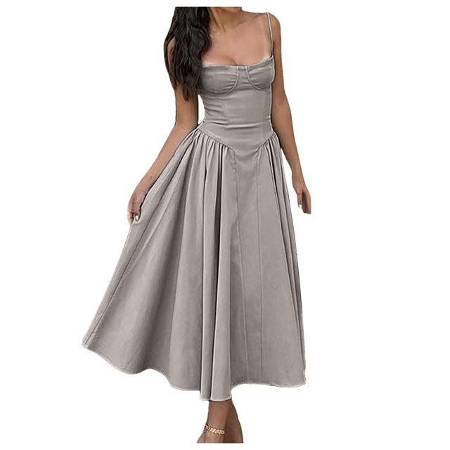 Kcodviy Robe d'Été Longue Sans Manches à Bretelles pour Femmes, Robe de Travail d'Été, Robe d'Été Unie, Robe pour Femmes Dos Nu, Robe Trapèze à Bandage d'Été