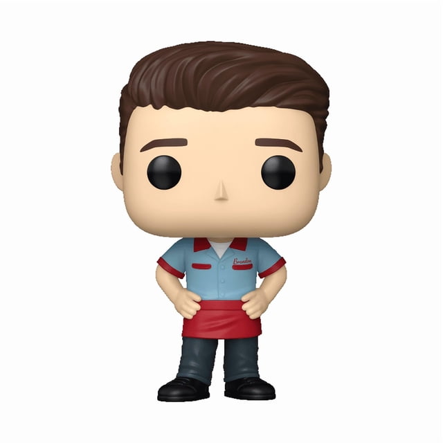 Funko Pop! Pop! Television: Beverly Hills, 90210 - Brandon Walsh Vinyl Figure, a front-facing bobble head style vinyl figure with brown hair and black eyes, wearing a light blue shirt with red collar and cuffs, red apron, dark pants, and black shoes, standing with hands on hips on a white background, suitable for action figure and bobble head collectors.