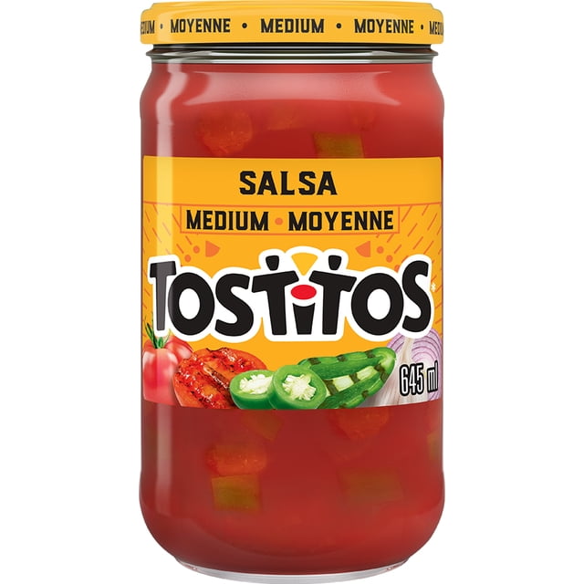 Tostitos Medium Salsa jar with a yellow label featuring tomatoes, grilled jalapeños, and onions, containing 645 ml of red salsa with visible vegetable chunks and medium heat, ideal for snacks, parties, and pairing with tortilla chips.