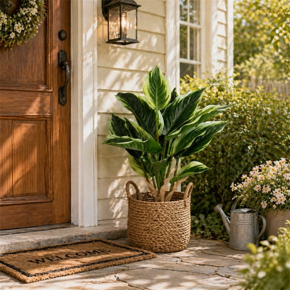 Artificial Potted Plant Cuttings, 40 cm Green Evergreen Faux Plant with 14 Leaves, Plastic Small Decorative Indoor Home Decor Ornament