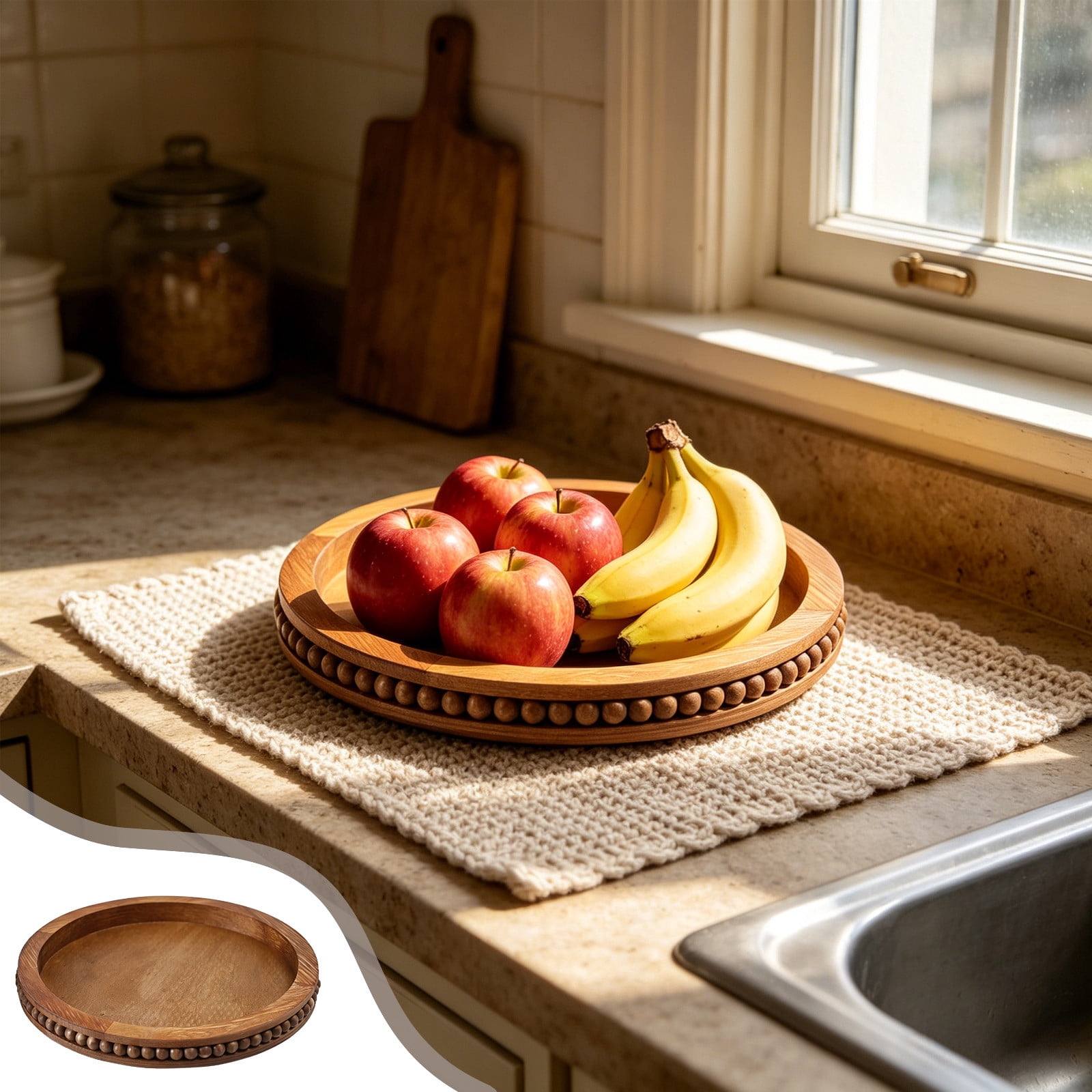 Round Wooden Bead Serving Tray, White Wood Decorative Fruit Display ...