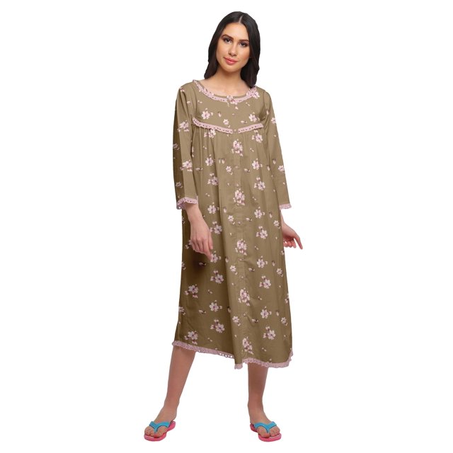 Moomaya Robe de Nuit Imprimée Longueur Genou en Coton avec Bordure en Dentelle Manches 3/4 pour Femmes