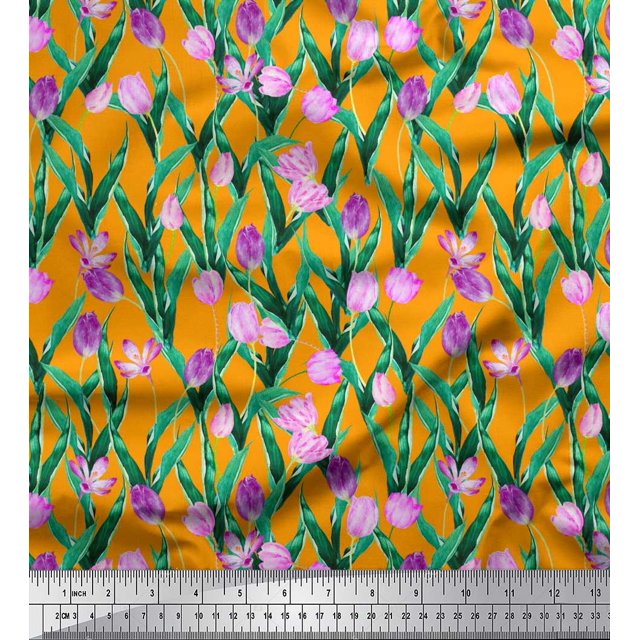 Soimoi Poly Georgette Fabric Leaves & Tulip Floral Printed Fabric 1 Yard 42 Inch Wide