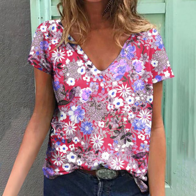 Hauts d'Été Grande Taille Femmes Décontracté Femmes Été Blouse Imprimée T-Shirts Décontractés Col en V Manches Courtes T-Shirts Hauts Col en V T-Shirt Femmes en Liquidation