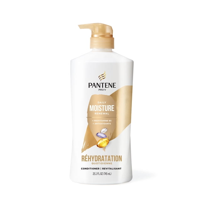 PANTENE PRO-V Daily Moisture Renewal Conditioner in a white 25.1 fl oz (745 mL) pump bottle with beige and gold label accents, formulated with provitamin B5 and antioxidants to replenish dry hair with long-lasting hydration and softness.
