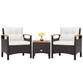 thumbnail image 2 of Costway 3PCS Patio Rattan Furniture Set Wooden Armrest Table Top Cushioned Deck, 2 of 10