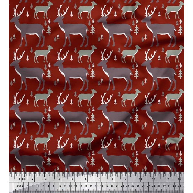 Soimoi Red Poly Georgette Fabric Deer Animal Print Sewing Fabric Yard 52 Inch Wide
