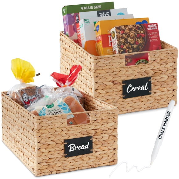 Best Choice Products Pantry Baskets Set of 2 16x12in Water Hyacinth Storage Baskets with Handles, Chalkboard Label, Chalk Marker - Natural