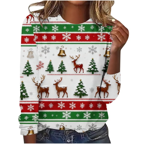 Winter Saving! HVOBTTY Women's Pullover Tshirt, Women's Christmas Printed Round Neck Long Sleeved Hooded Top/shirt Red, L